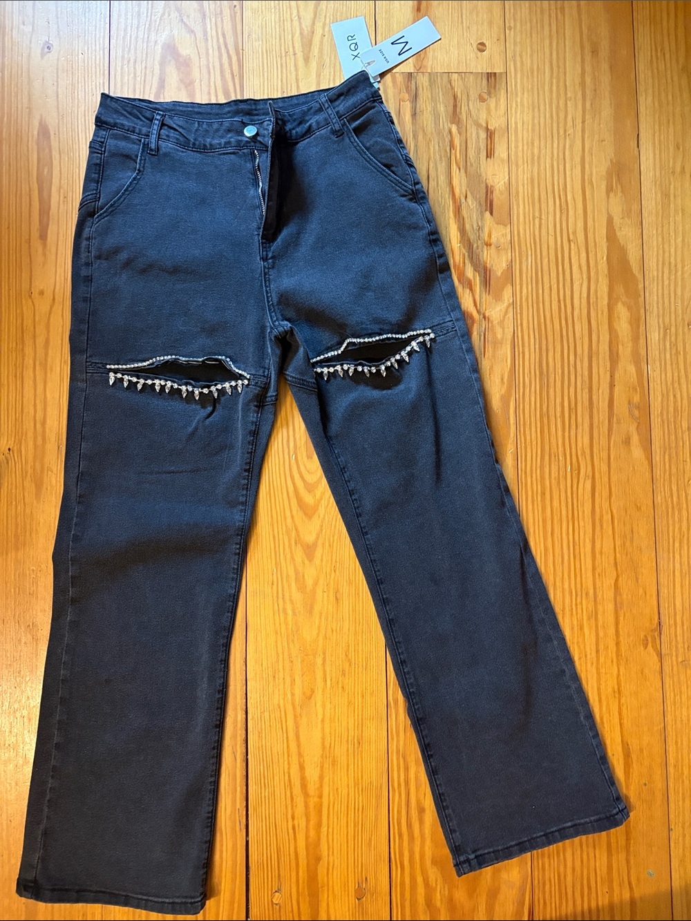 Black Distressed Jeans with Beaded Fringe